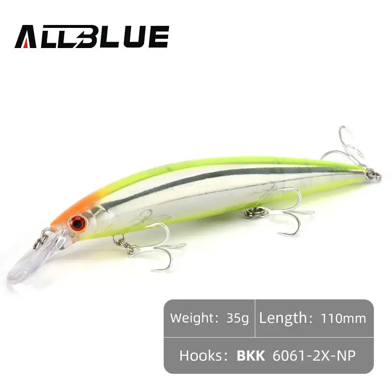 ALLBLUE Heavy Weight Minnow 110mm sinking jerkbait, ideal for saltwater sea bass fishing, featuring BKK hooks.