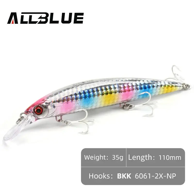 ALLBLUE Heavy Weight Minnow 110mm sinking jerkbait in colorful design, ideal for saltwater sea bass fishing.