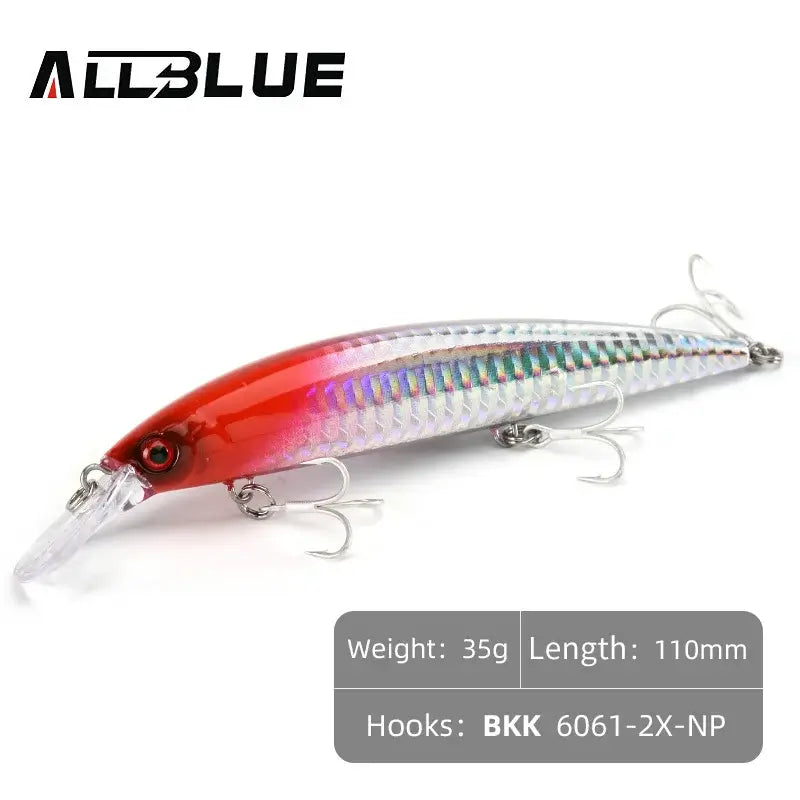 ALLBLUE Heavy Weight Minnow 110mm sinking jerkbait fishing lure for saltwater sea bass with BKK hooks.