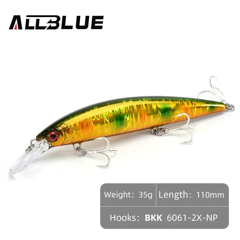 ALLBLUE Heavy Weight Minnow 110mm Sinking Jerkbait for saltwater fishing, ideal for attracting sea bass.