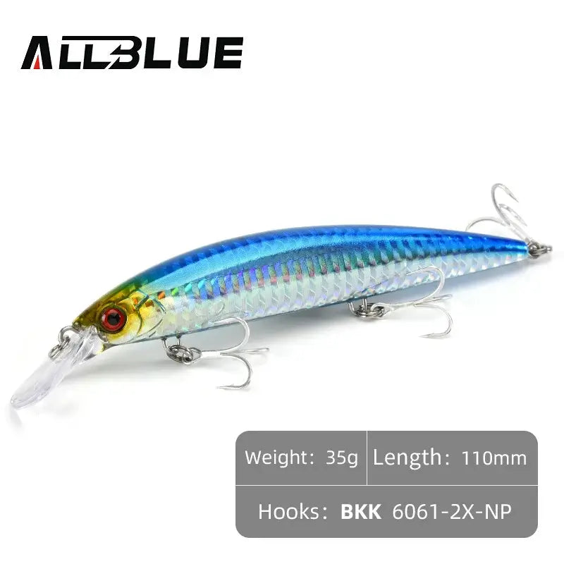 ALLBLUE 110mm Heavy Weight Minnow, sinking jerkbait for saltwater fishing, ideal for sea bass.