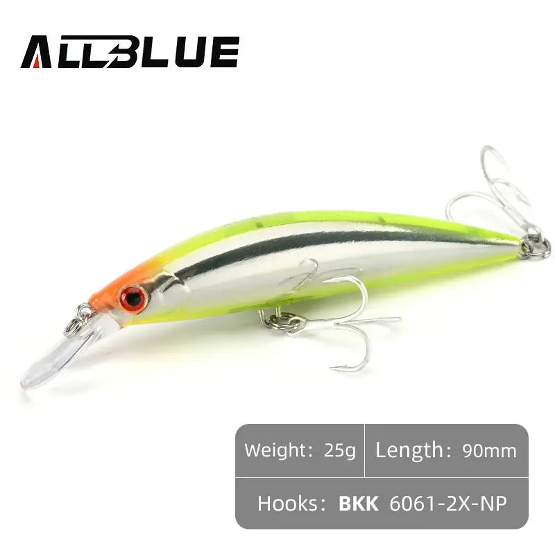 ALLBLUE 90mm sinking jerkbait, 25g weight, designed for sea bass fishing in saltwater environments.