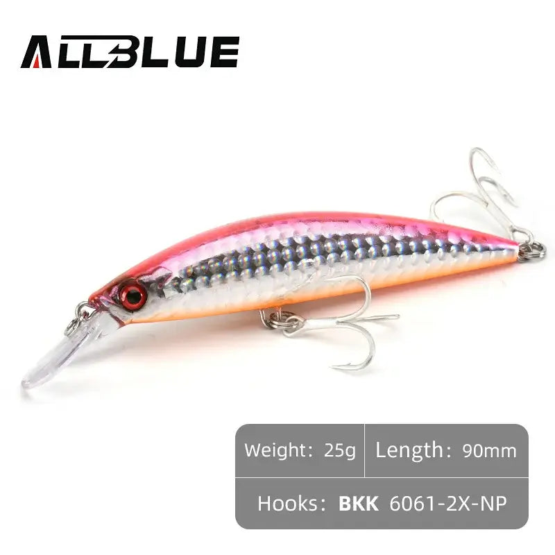 ALLBLUE 90mm sinking jerkbait fishing lure in pink and silver with BKK hooks for saltwater sea bass fishing.