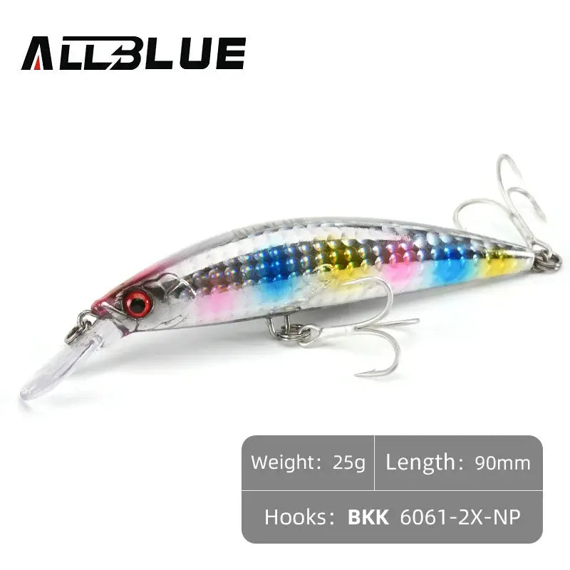 ALLBLUE 90mm Heavy Weight Minnow sinking jerkbait in silver with colorful accents for saltwater fishing.