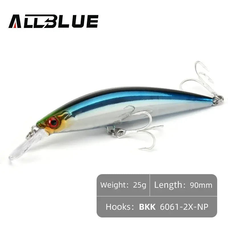 ALLBLUE 90mm sinking jerkbait fishing lure in blue and silver color with BKK hooks, ideal for sea bass fishing.