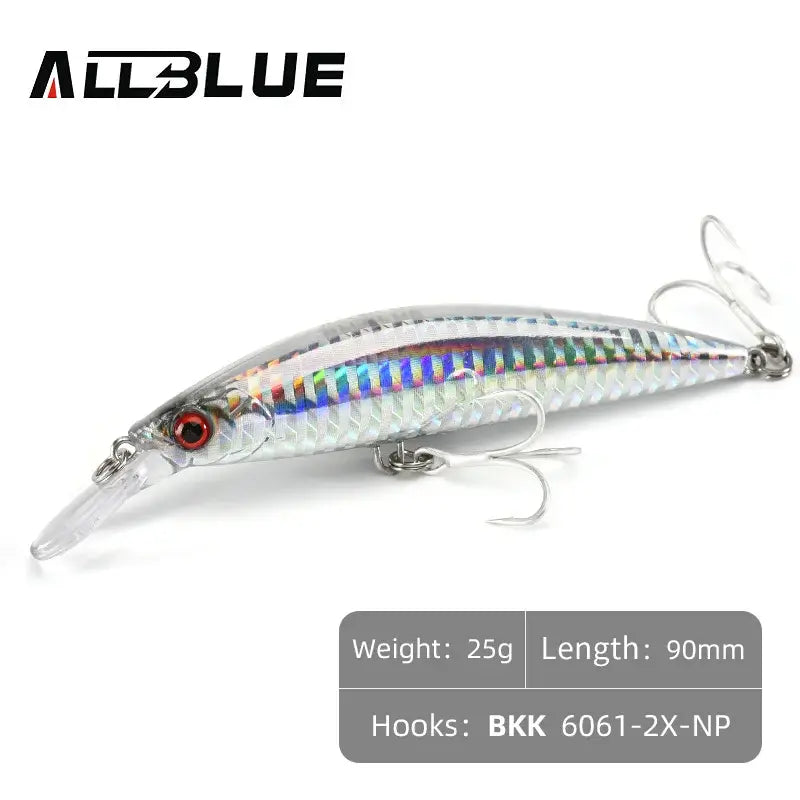 ALLBLUE Heavy Weight Minnow 90mm sinking jerkbait for saltwater fishing, featuring a reflective finish and sharp hooks.
