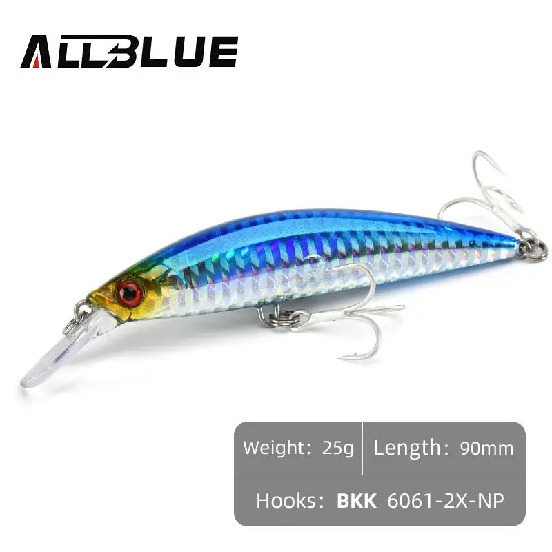 ALLBLUE 90mm heavy weight minnow jerkbait lure with BKK hooks, designed for saltwater sea bass fishing.