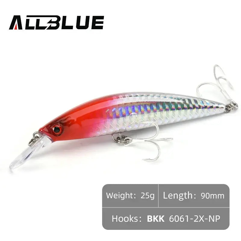 ALLBLUE 90mm sinking jerkbait for saltwater fishing, features a red and silver design, ideal for sea bass.