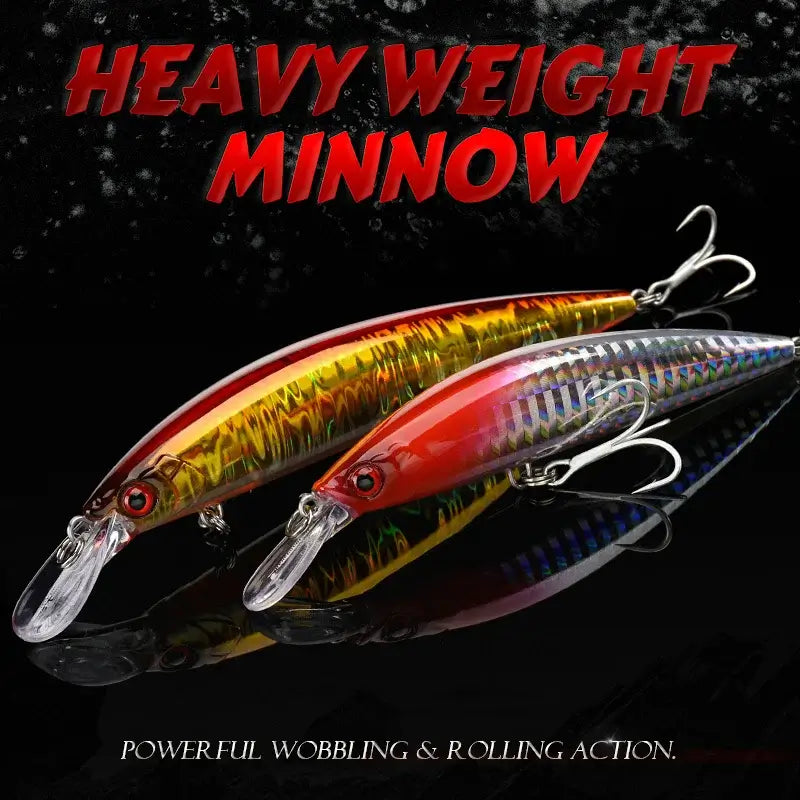 ALLBLUE Heavy Weight Minnow jerkbait lures in red and gold, showcasing powerful wobbling and rolling action.