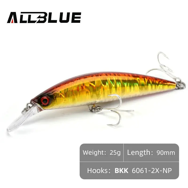ALLBLUE 90mm sinking minnow jerkbait lure in red and gold, designed for saltwater fishing and sea bass.