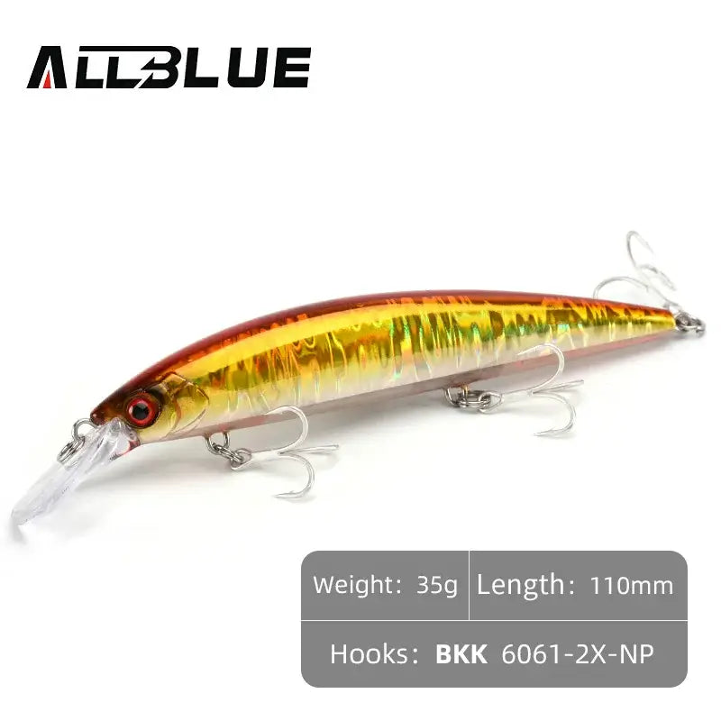 ALLBLUE Heavy Weight Minnow 110mm sinking jerkbait for saltwater fishing, designed for sea bass with natural swimming action.
