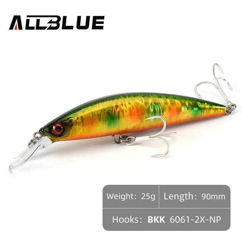 ALLBLUE Heavy Weight Minnow 90mm sinking jerkbait in vibrant colors for saltwater fishing, ideal for sea bass.