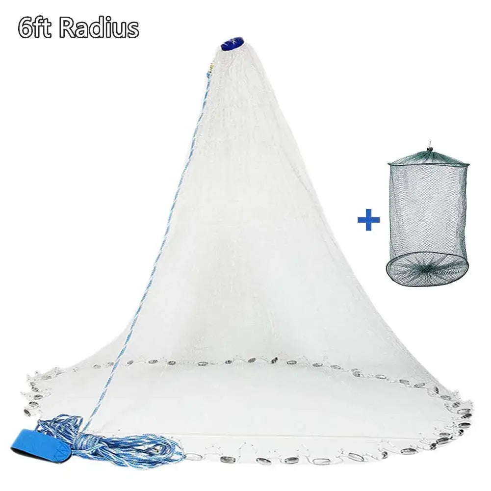 6ft radius American saltwater fishing cast net with heavy-duty sinker for bait trap, includes mesh storage bag.
