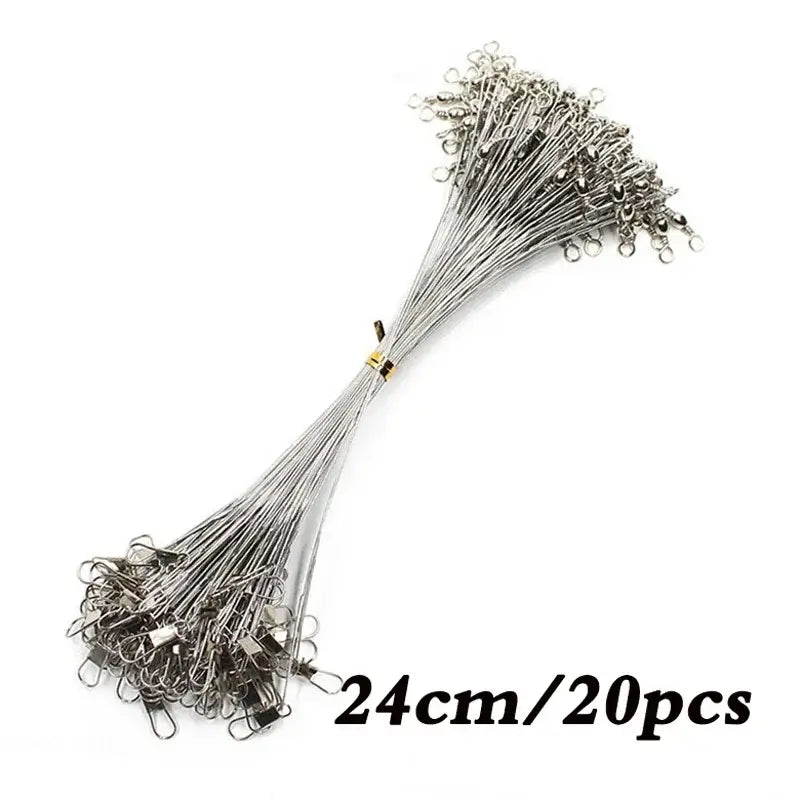 Aorace 20PCS anti-bite steel fishing line leaders, 24cm length, featuring durable wire and swivel for tangle-free fishing.