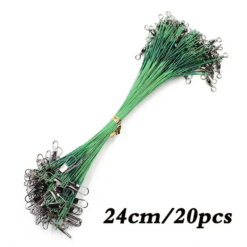 Aorace 20PCS fishing leader lines, 24cm length, durable steel wire with swivels for tangle-free fishing.