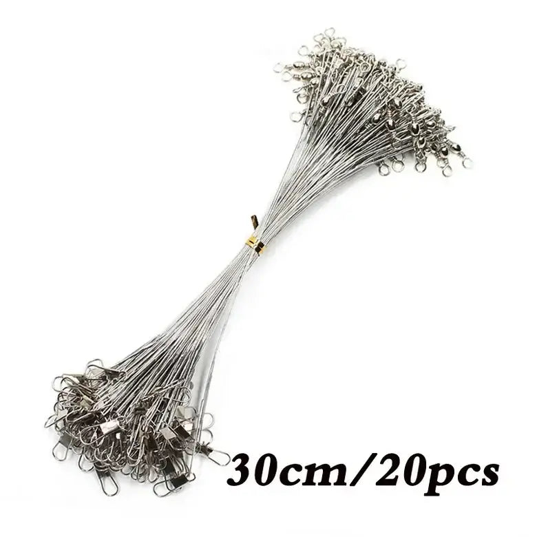 Aorace 20PCS 30cm steel fishing line leader with swivel for tangle-free performance in fishing.