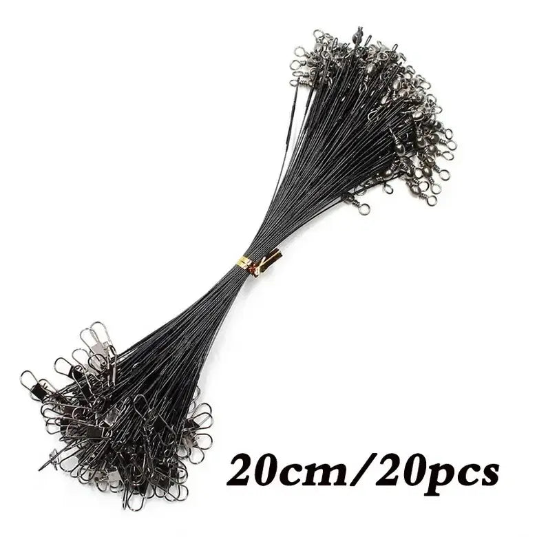 Aorace 20PCS anti-bite steel fishing wire leaders, durable and tangle-free, each 20cm long with swivels for easy rigging.