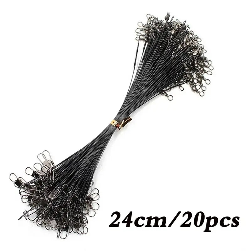 Aorace 20PCS anti-bite steel fishing line leader wire, 24cm length, with swivels for tangle-free fishing.