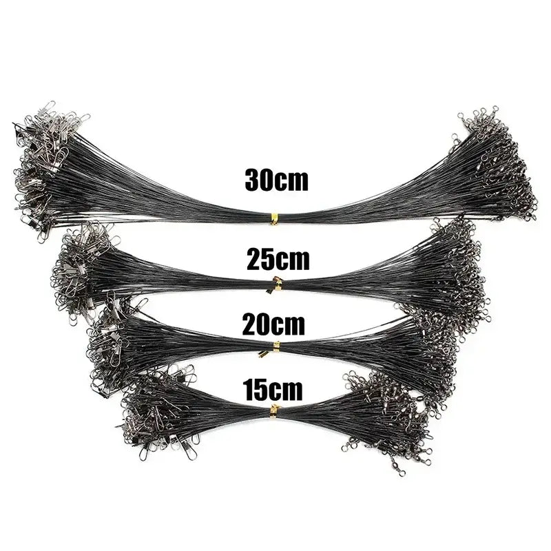 Aorace steel fishing leader lines in various lengths (15cm, 20cm, 25cm, 30cm) with swivel attachments.