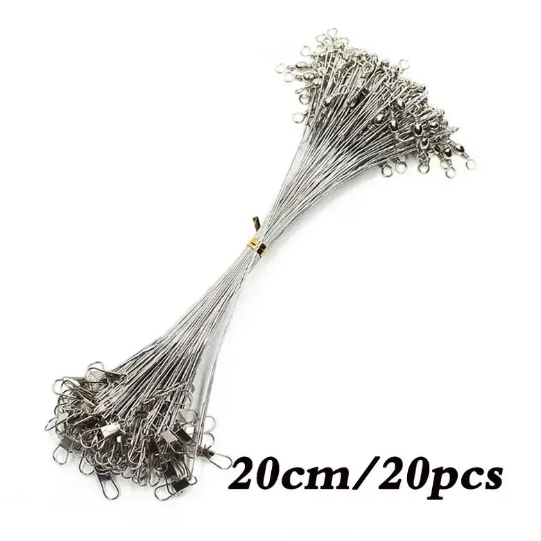 Aorace 20PCS anti-bite steel fishing leader lines, 20cm each with swivel, ideal for tough fishing conditions.