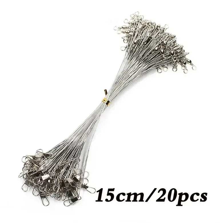 Aorace 20PCS anti-bite steel fishing leader lines, 15cm length, durable steel wire with swivel for efficient fishing.