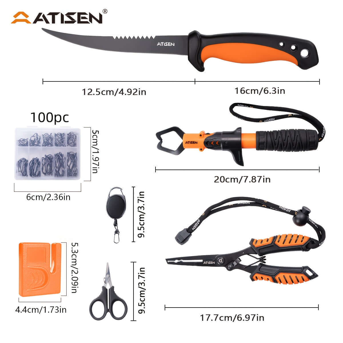 ATISEN Fish Knife Set with bait knife, luya tongs, knife sharpener, scissors, and clippers for outdoor adventures.