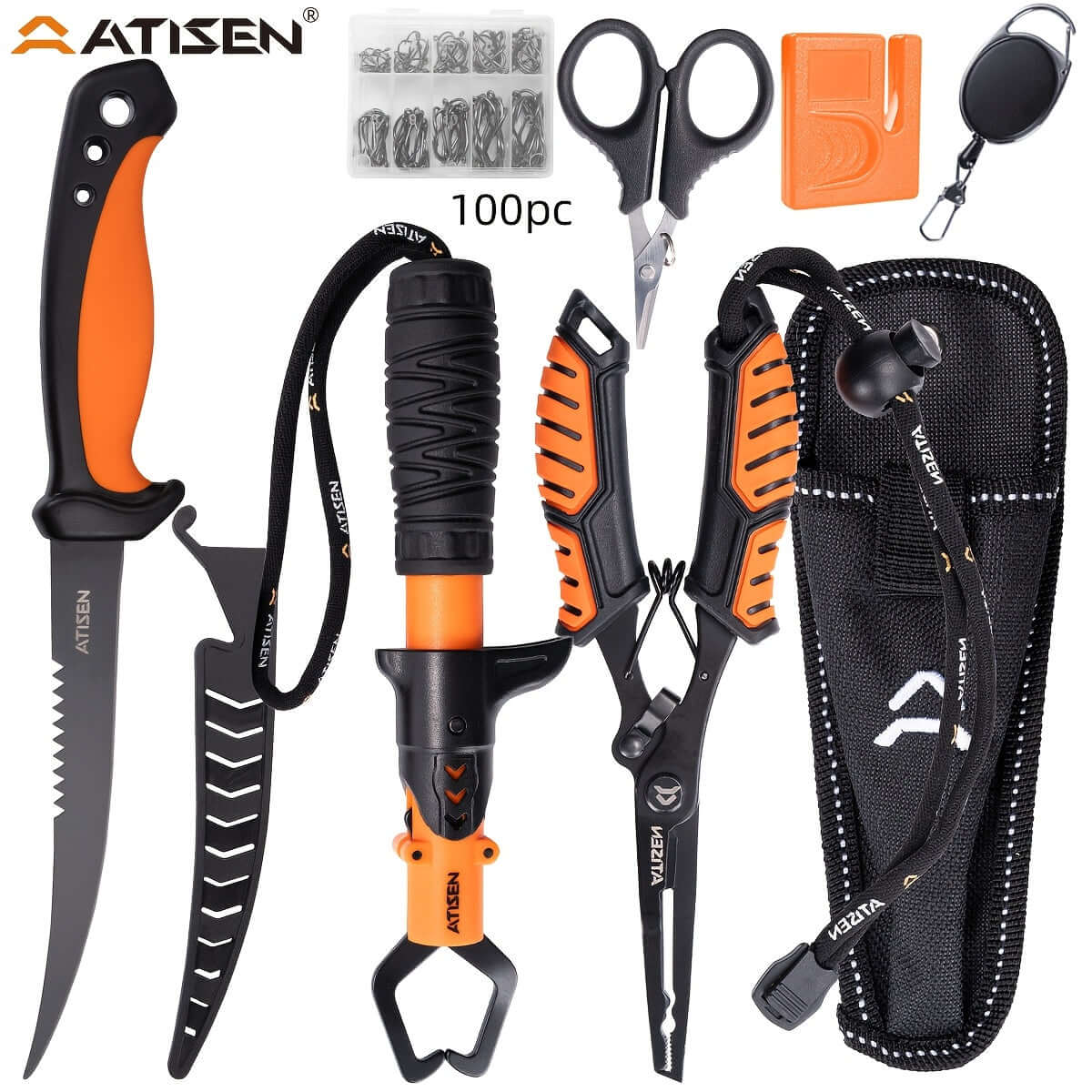 ATISEN Fish Knife Set including bait knife, luya tongs, scissors, and knife sharpener for outdoor activities.