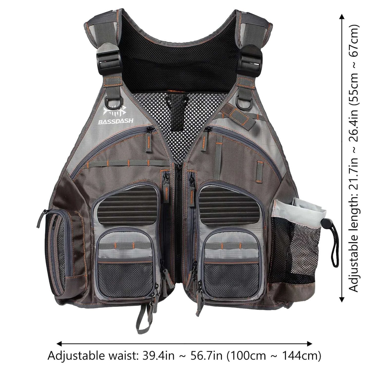 Bassdash Fishing Vest with adjustable straps and multiple pockets for tackle, designed for outdoor fishing activities.