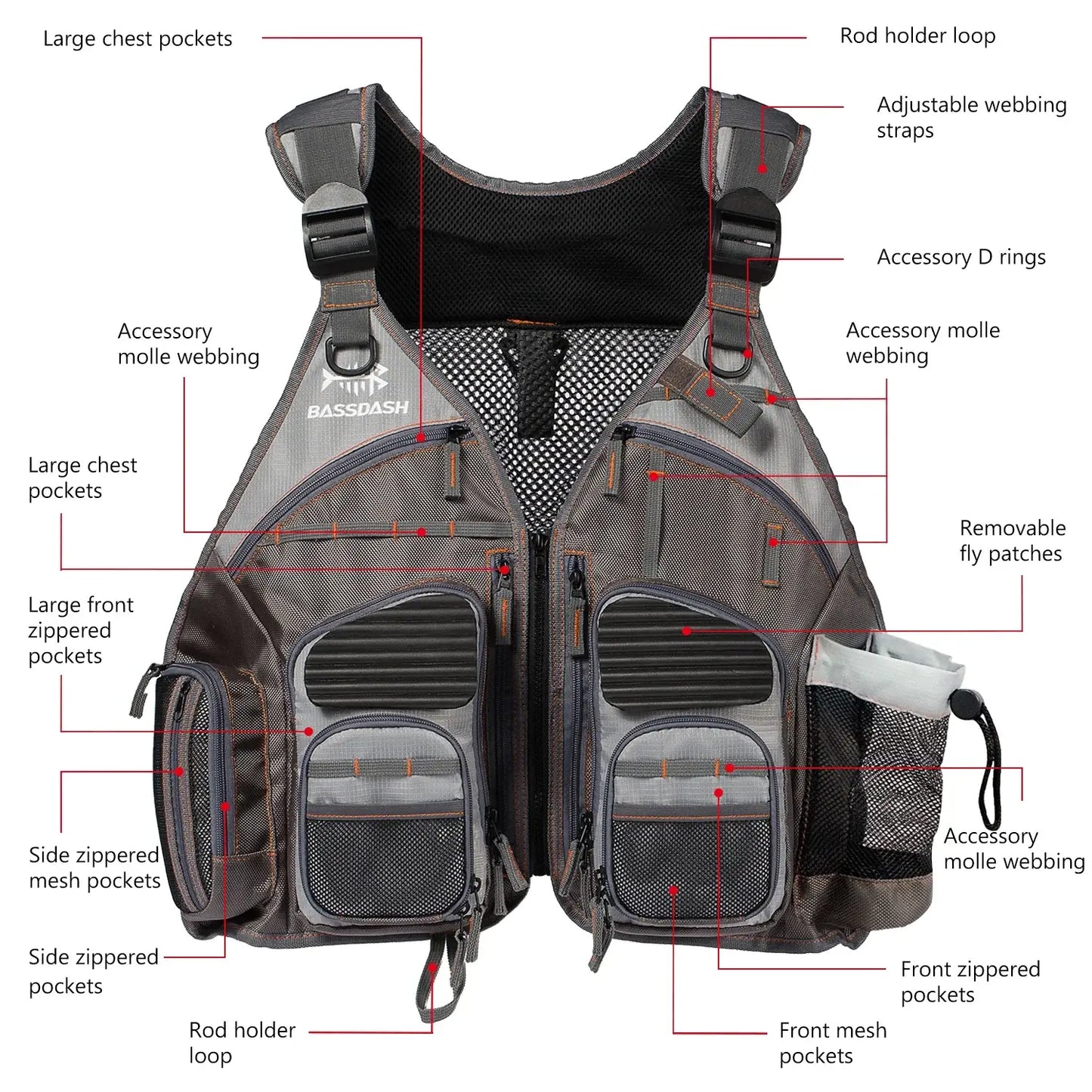 Bassdash Fishing Vest with multiple pockets, adjustable straps, and utility features for outdoor sports and safety.