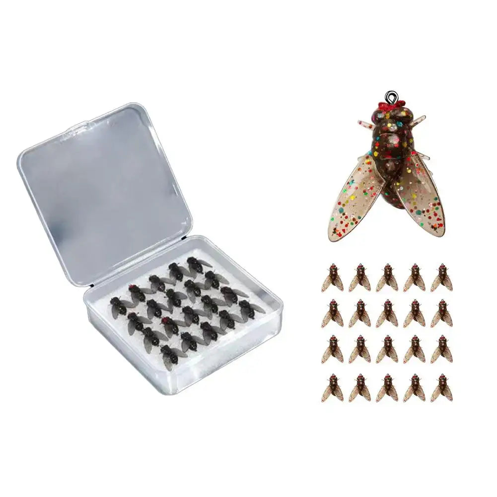 Bionic Fly Fishing Bait set of 20 soft hooks in a clear box, ideal for salmon and trout fishing, designed for effective lure.