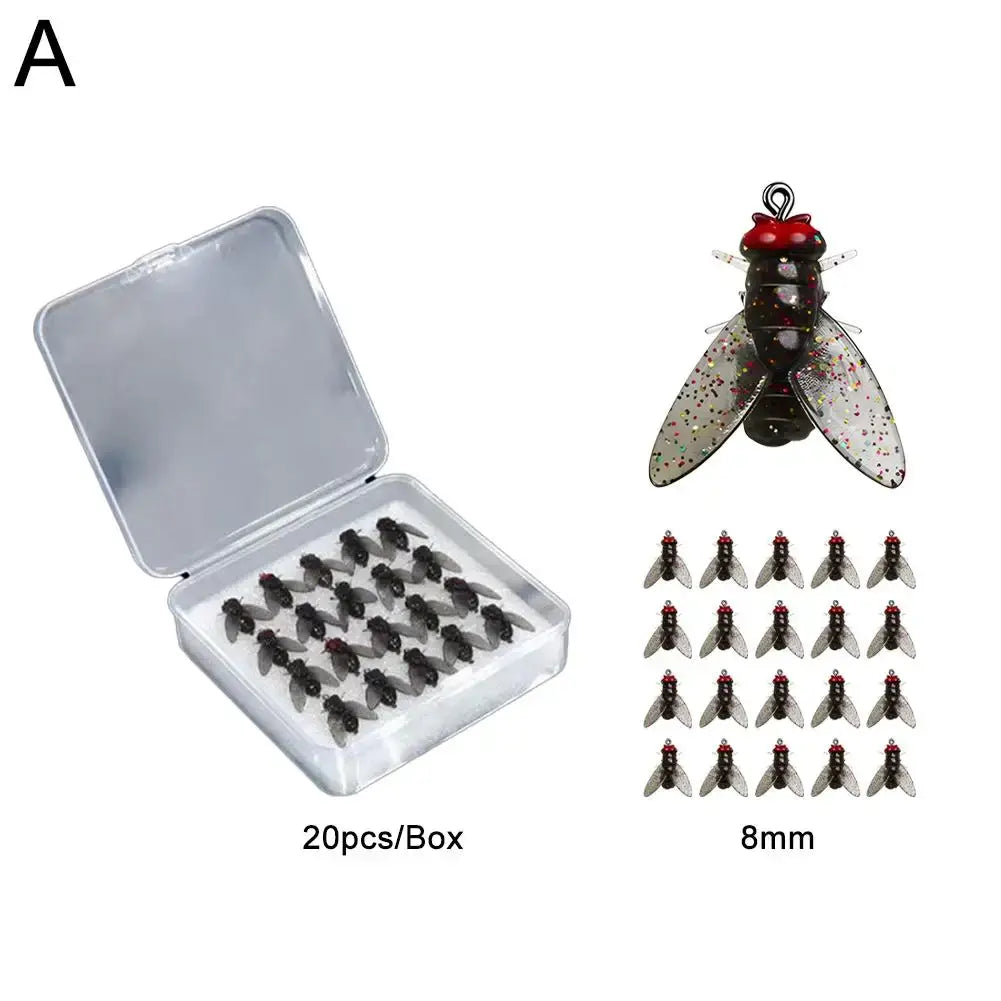 Bionic Fly Fishing Bait set with 20 soft hooks in a box, ideal for salmon and trout fishing.