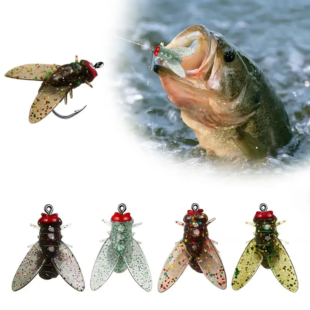 Bionic Fly Fishing Bait set featuring soft hooks, realistic lures catching trout and salmon in an aquatic setting.