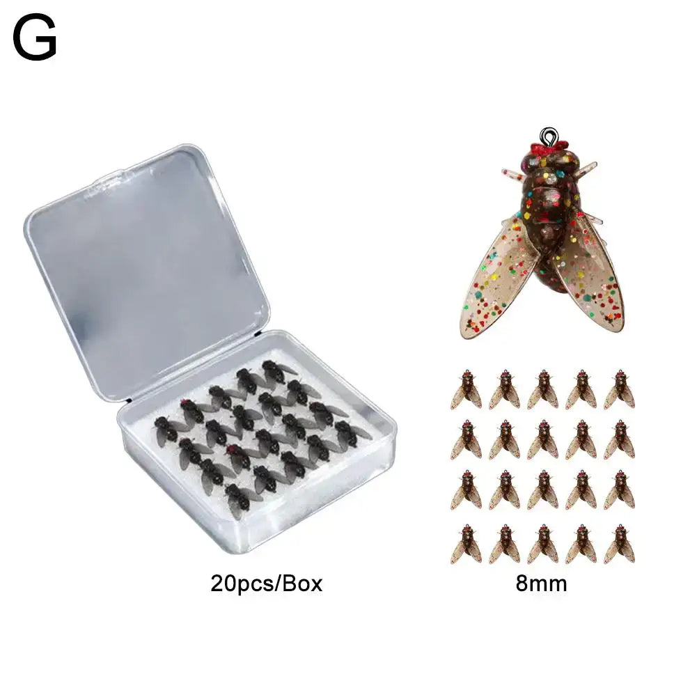 Bionic Fly Fishing Bait set with 20 soft fly hooks in a clear box, ideal for salmon and trout fishing, 8mm size.