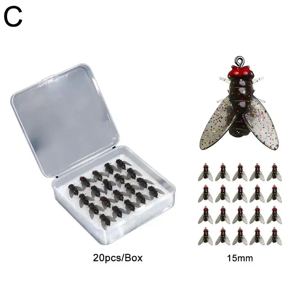 20 piece Bionic Fly Fishing Bait set in box, featuring realistic soft fly hooks for salmon and trout fishing.