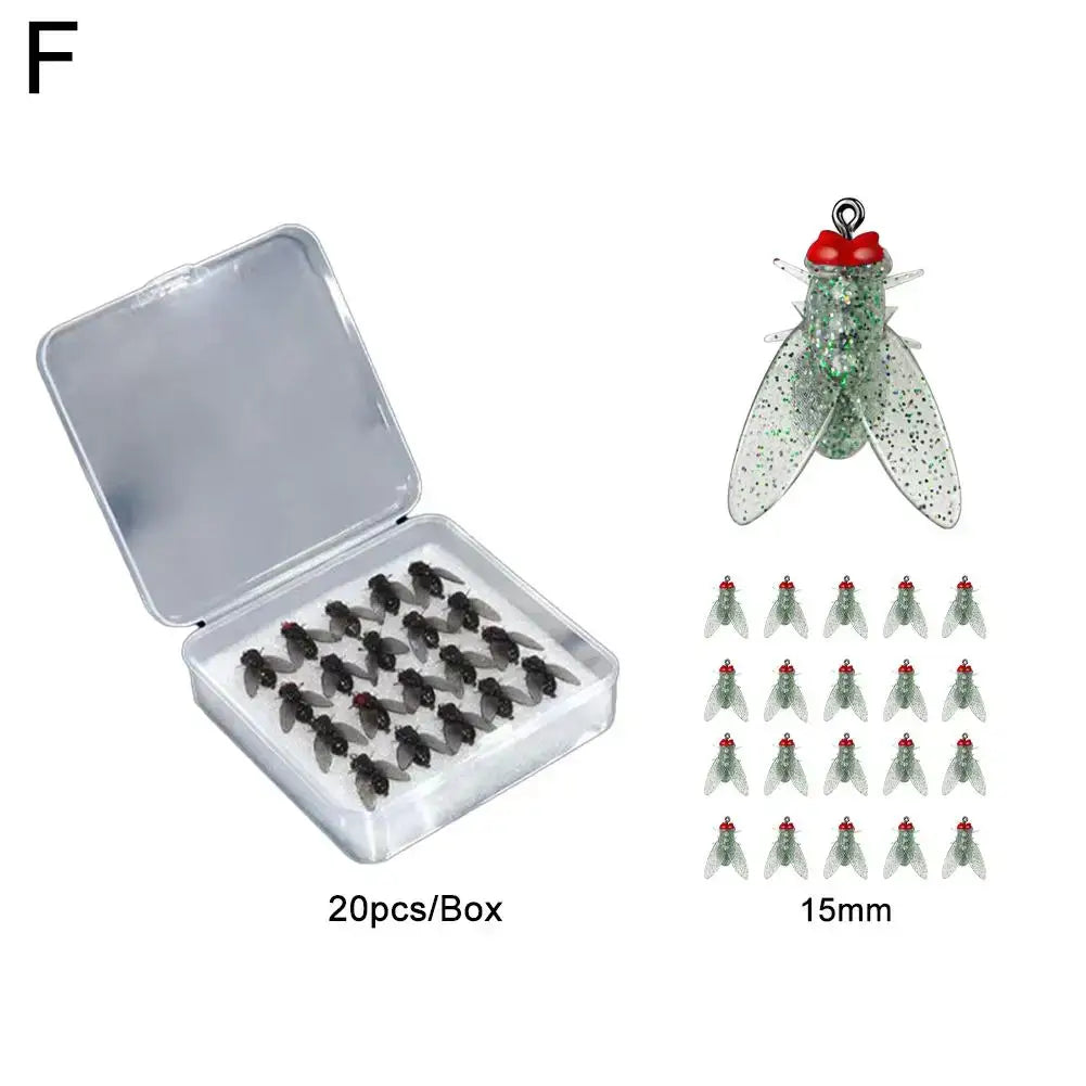 Bionic Fly Fishing Bait set with 20PCS soft fly hooks for salmon and trout, showcasing realistic design and packaging.