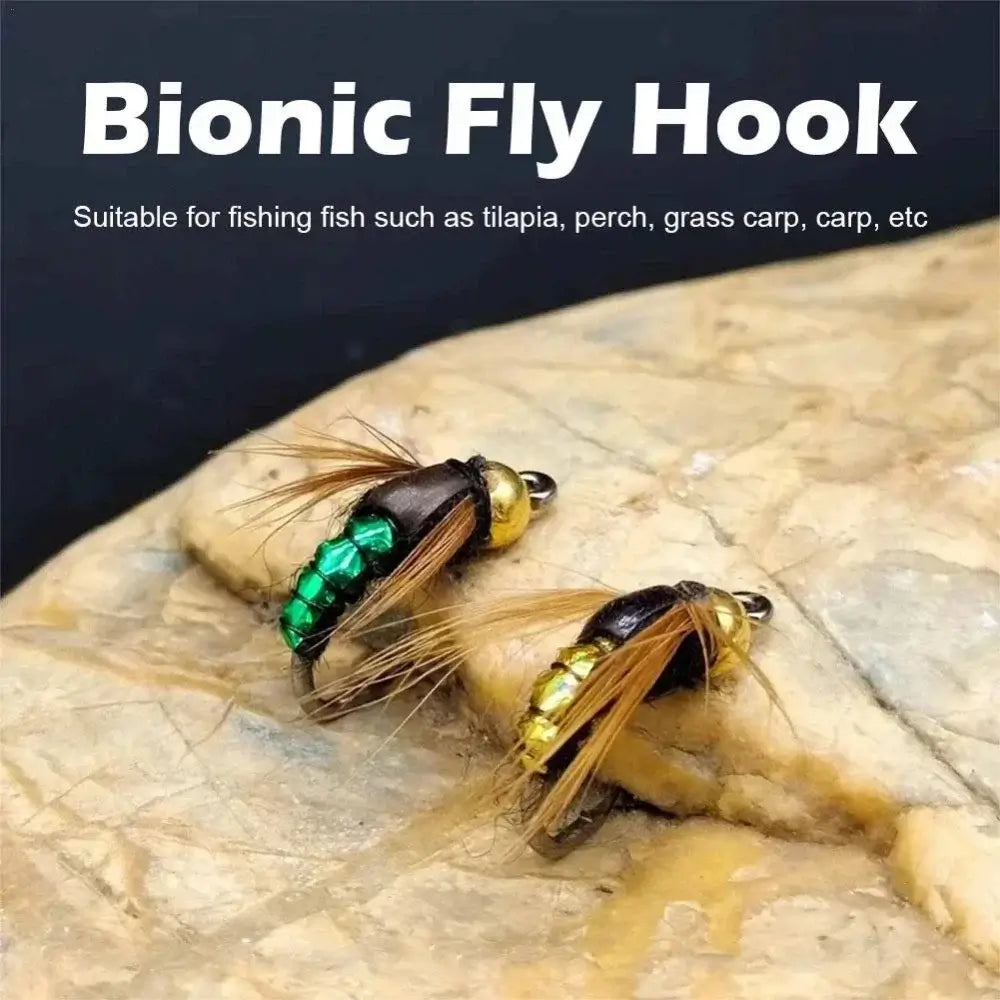 Bionic fly hooks for catching tilapia, perch, grass carp, and carp, featuring vibrant green and yellow bead design.