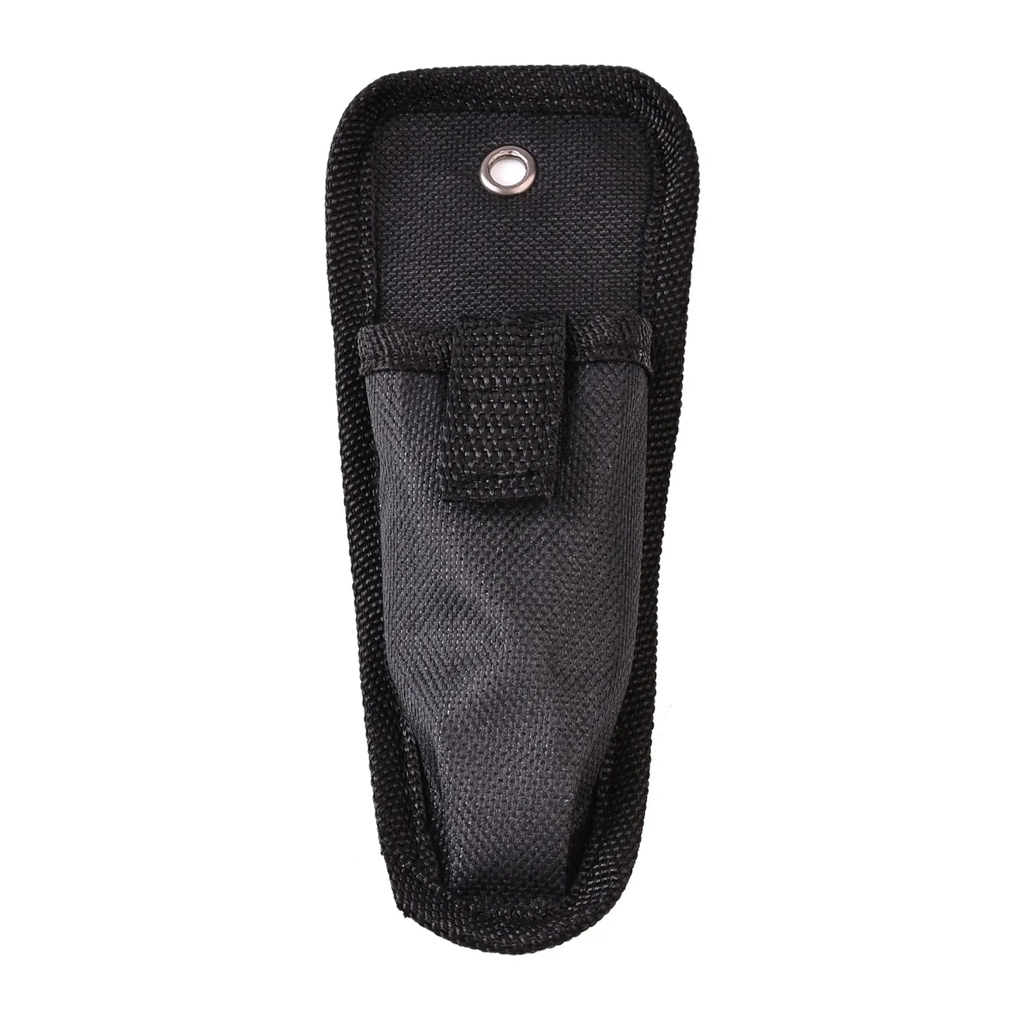 Black nylon sheath for fishing pliers, durable and compact with a secure fastening for easy carrying.