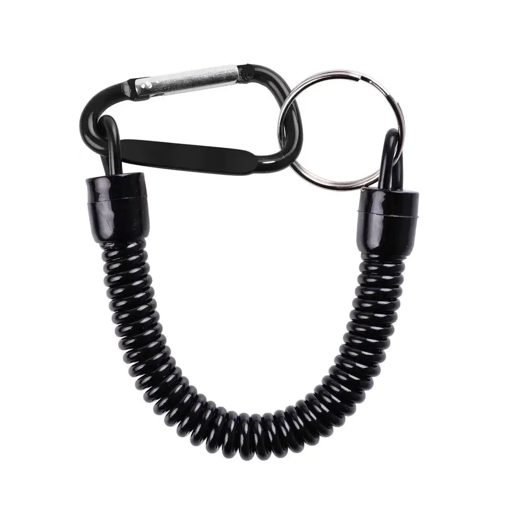 Black coil tether with carabiner and keyring for securing fishing tools and gear.