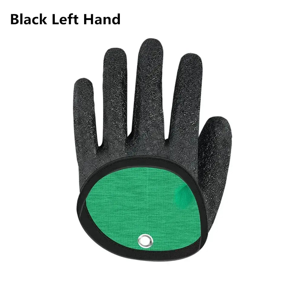 Black left-hand fishing glove with anti-slip grip and durable knit construction for protection.