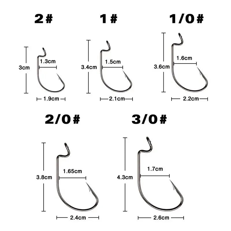 Diagram showing dimensions of five sizes of black nickel crank hooks for fishing, ideal for bait fishing gear.