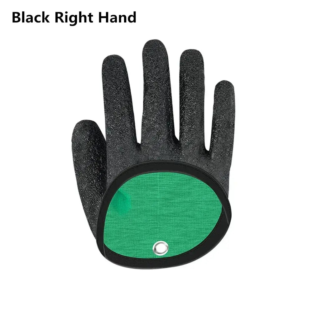 Black right-hand fishing glove with green patch, featuring anti-slip grip and full finger coverage for protection.