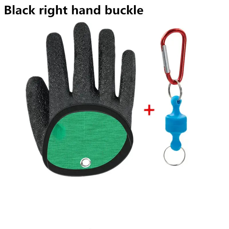 Black right hand fishing glove with green accent, featuring a buckle and accessory clip for convenience and secure handling.