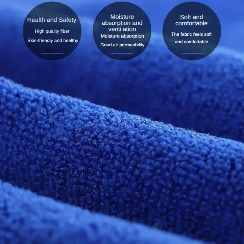 Close-up of blue fishing towel fabric showcasing health benefits, moisture absorption, and comfort features.