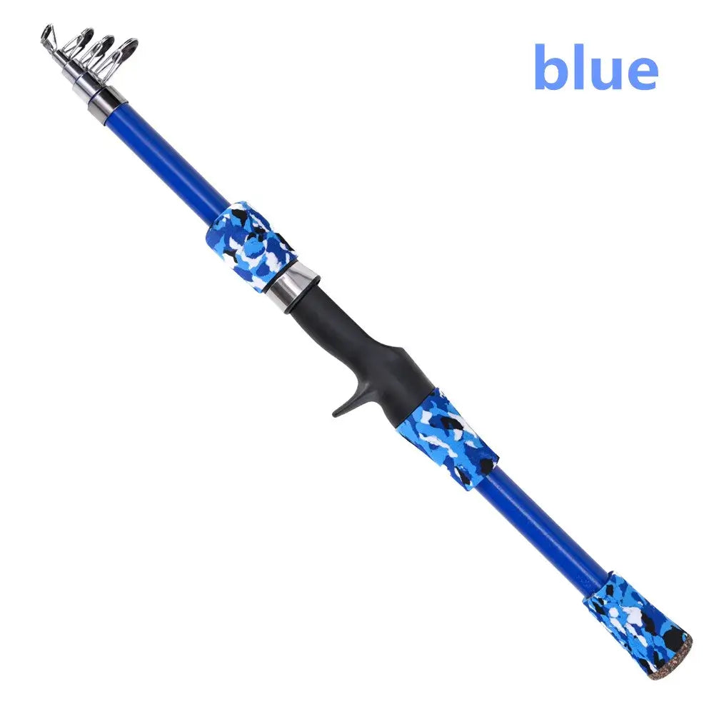 Portable telescopic camouflage fishing rod in blue, ideal for outdoor fishing adventures.