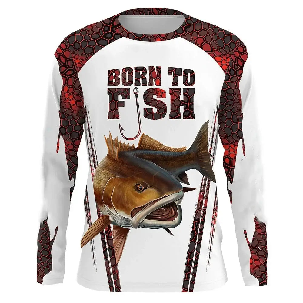 Long sleeve fishing shirt featuring 'Born to Fish' design with vivid fish graphics, ideal for casual streetwear and outdoor activities.