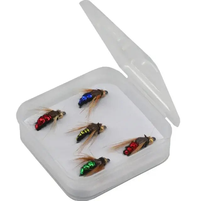 Brass bead head fast sinking nymph fly assortment in a clear storage box, ideal for trout fishing.