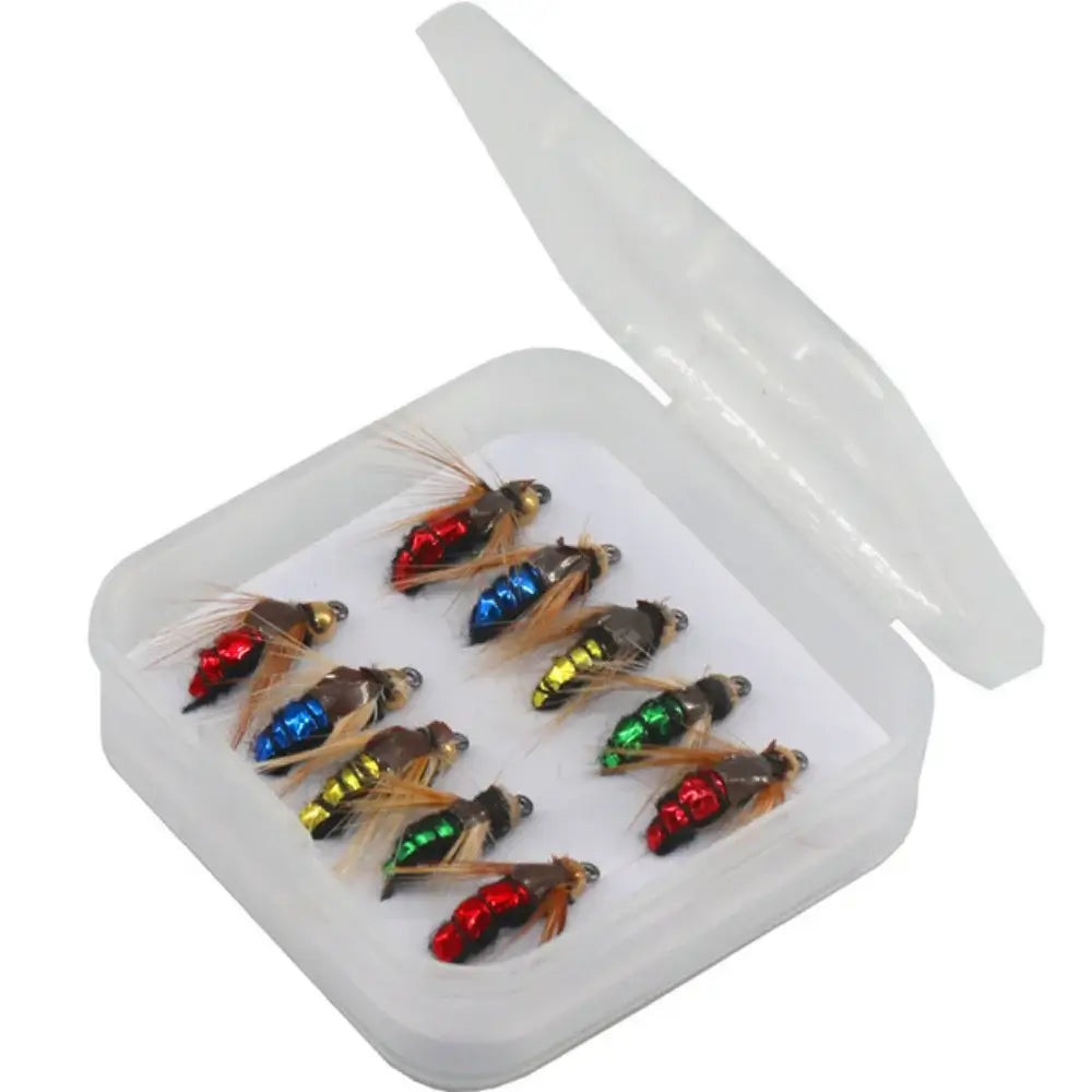 Set of 10 colorful brass bead head trout fishing flies in a clear storage case, ideal for nymph and scud fishing.