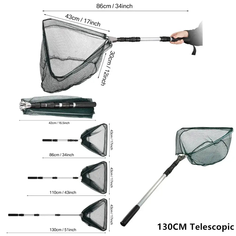 Collapsible fishing landing net with telescoping handle, showcasing sizes 42cm to 130cm for easy transport and storage.