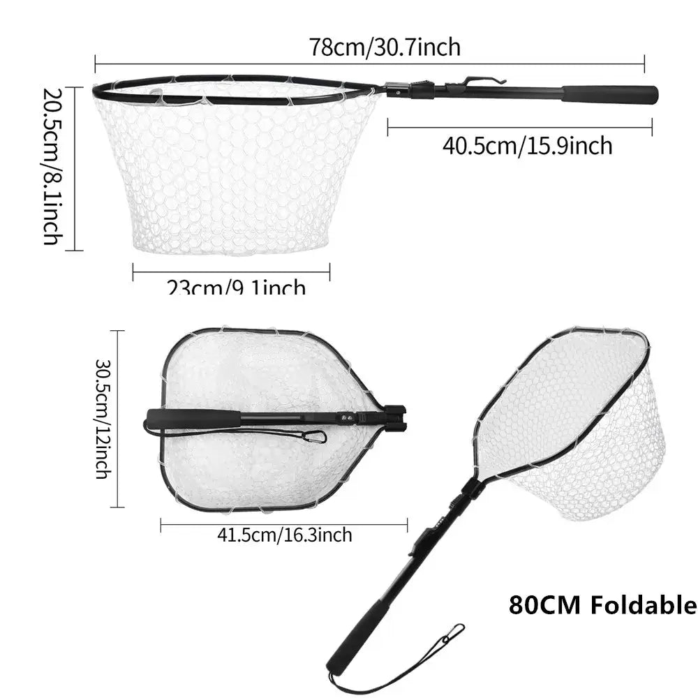Collapsible fishing landing net with telescoping pole handle, 80CM foldable design for easy storage and transport.
