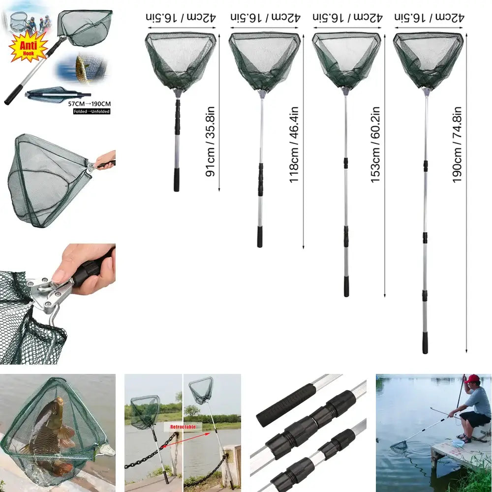 Collapsible fishing landing net with telescoping pole, extending from 91cm to 190cm for freshwater and saltwater use.